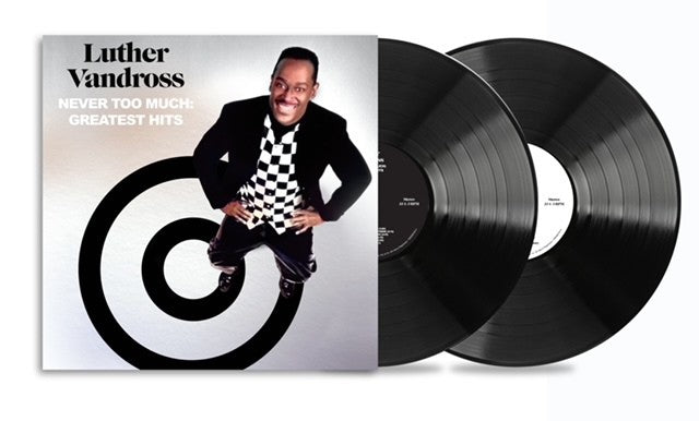 Never Too Much: Greatest Hits on Luther Vandross artistin vinyyli LP-levy.